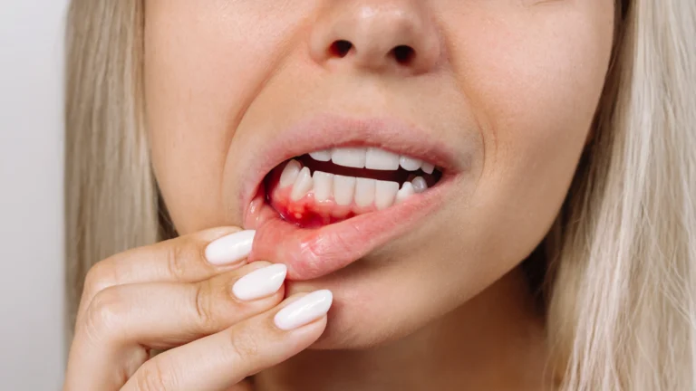 djevojka s otvorenim ustima pokazuje parodontozu na zubnom mesu